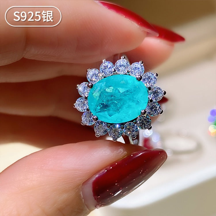 Beautiful Oval Cut Sunburst Halo Blue Paraiba Tourmaline/Ruby Engagement Ring For Her