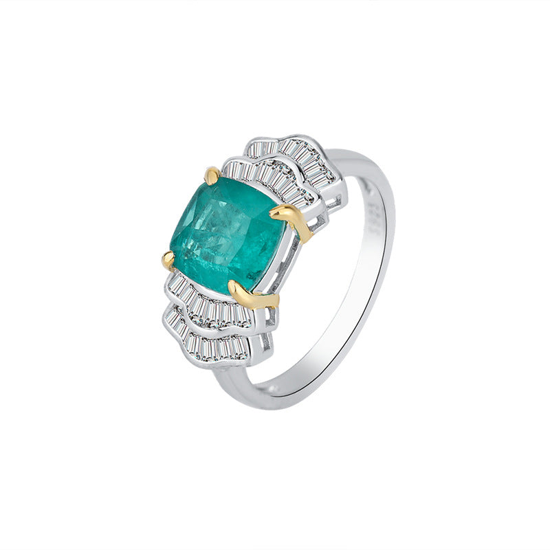 Beautiful Emerald Cushion Cut Ring, Hem-shaped Simulated Diamond Ring Four Prongs In 925 Sterling Silver