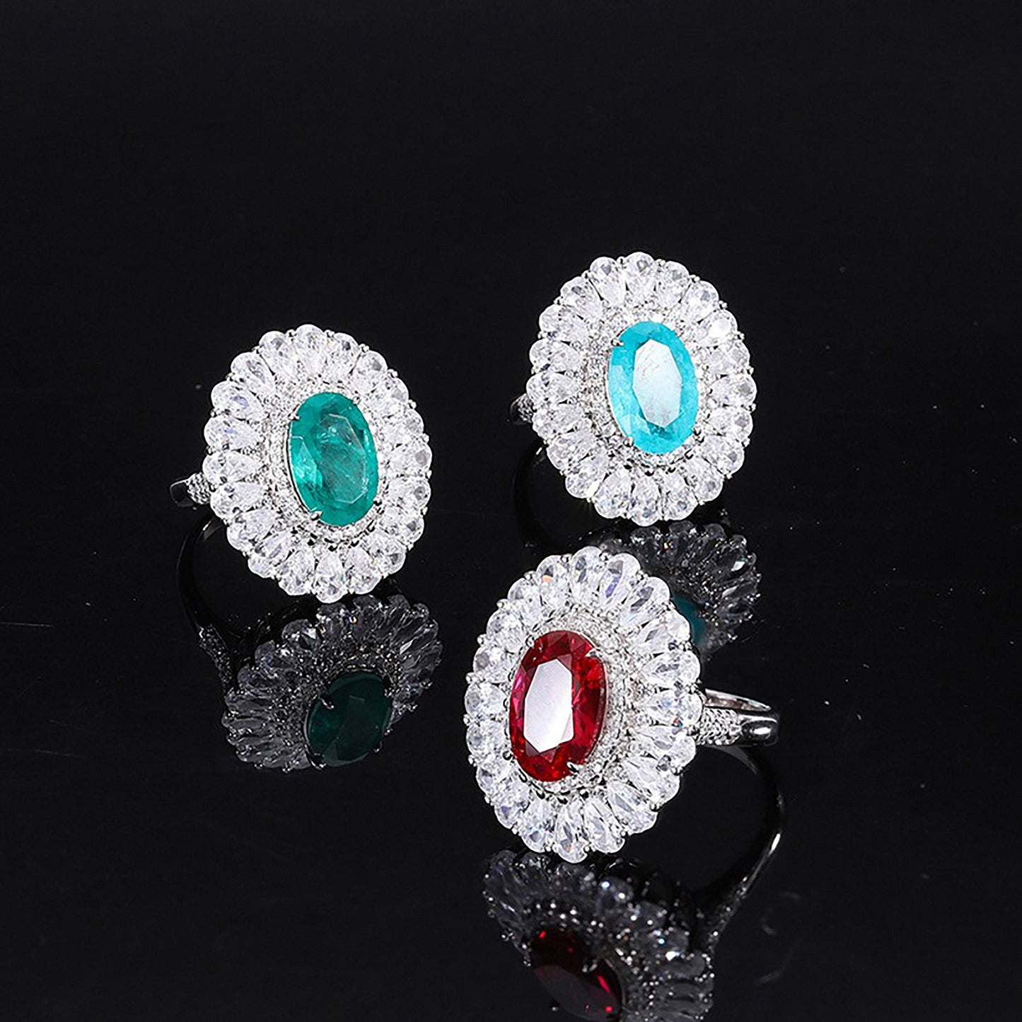 Fashion Double Halo Blue Paraiba Tourmaline/Ruby/Emerald Oval Cut Ring,Half Eternity Simulated Diamonds Ring In 925 Sterling Silver