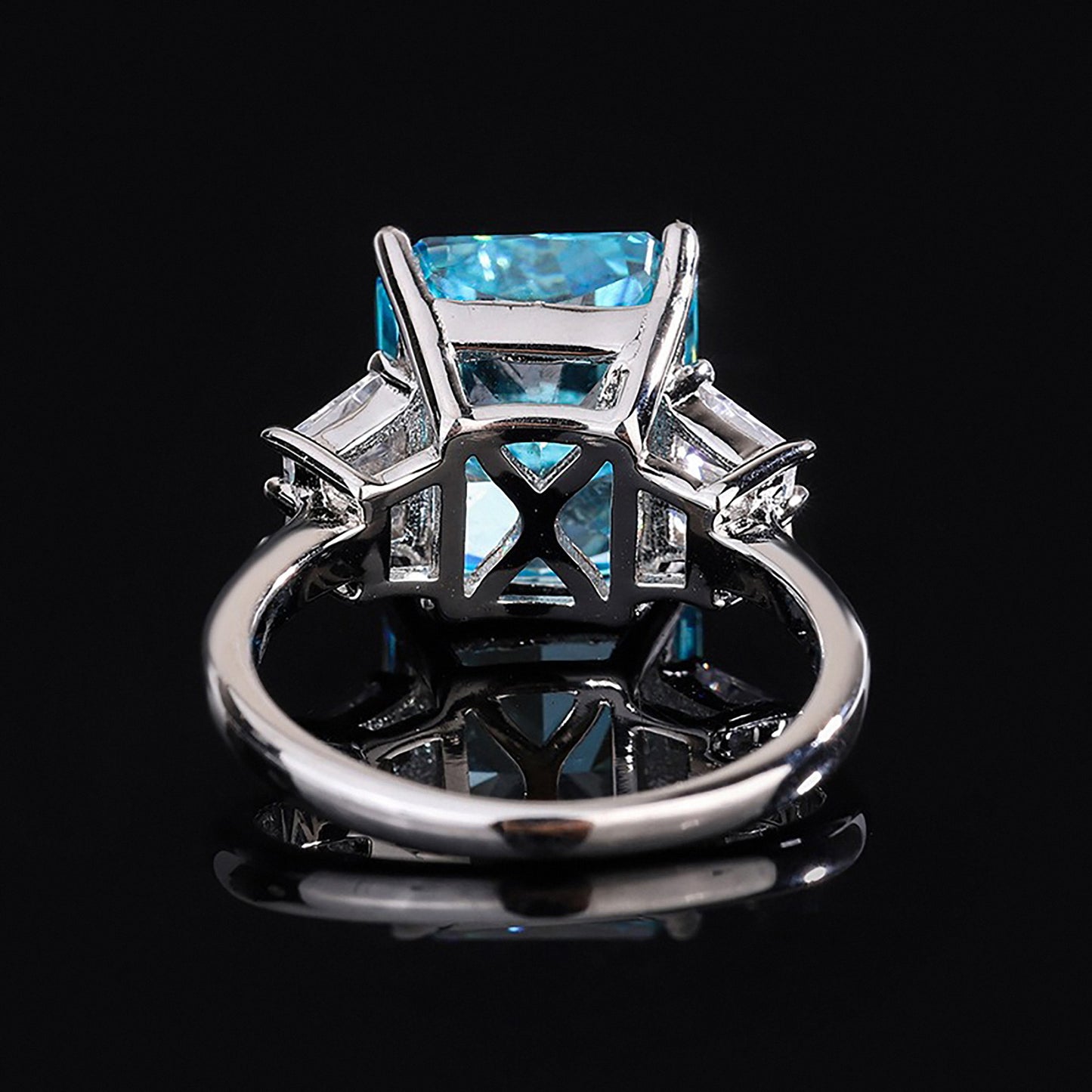 Aquamarine Princess Cut Ring, Trapezoidal Simulated Diamond Gift For Her In 925 Sterling Silver