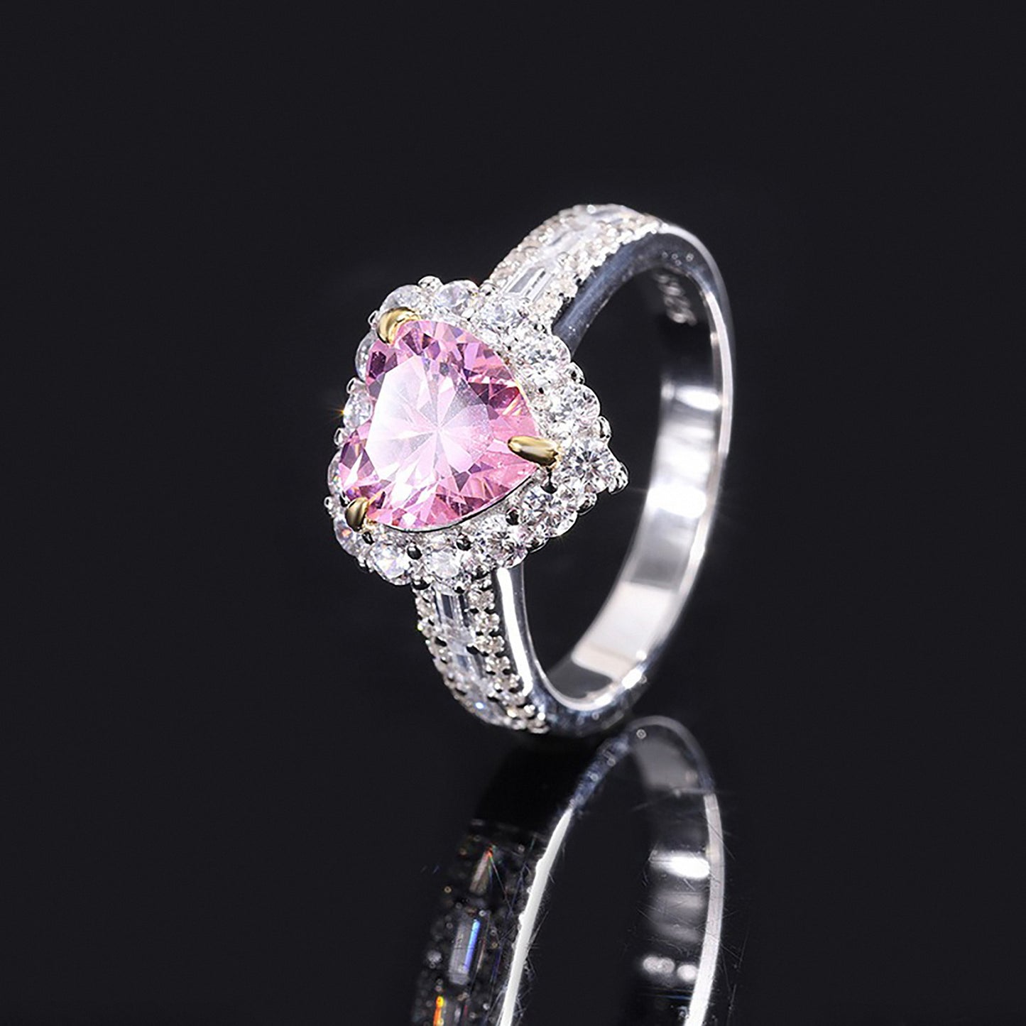 Pink Simulated Diamond/Emerald Halo Heart Cut Ring, Retro Women's Simulated Diamond Ring In 925 Sterling Silver