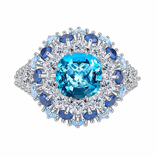 Luxury Aquamarine Cushion Cut Ring, Sapphire Ring, Retro Fine Jewelry Simulated Diamond Ring In 925 Sterling Silver