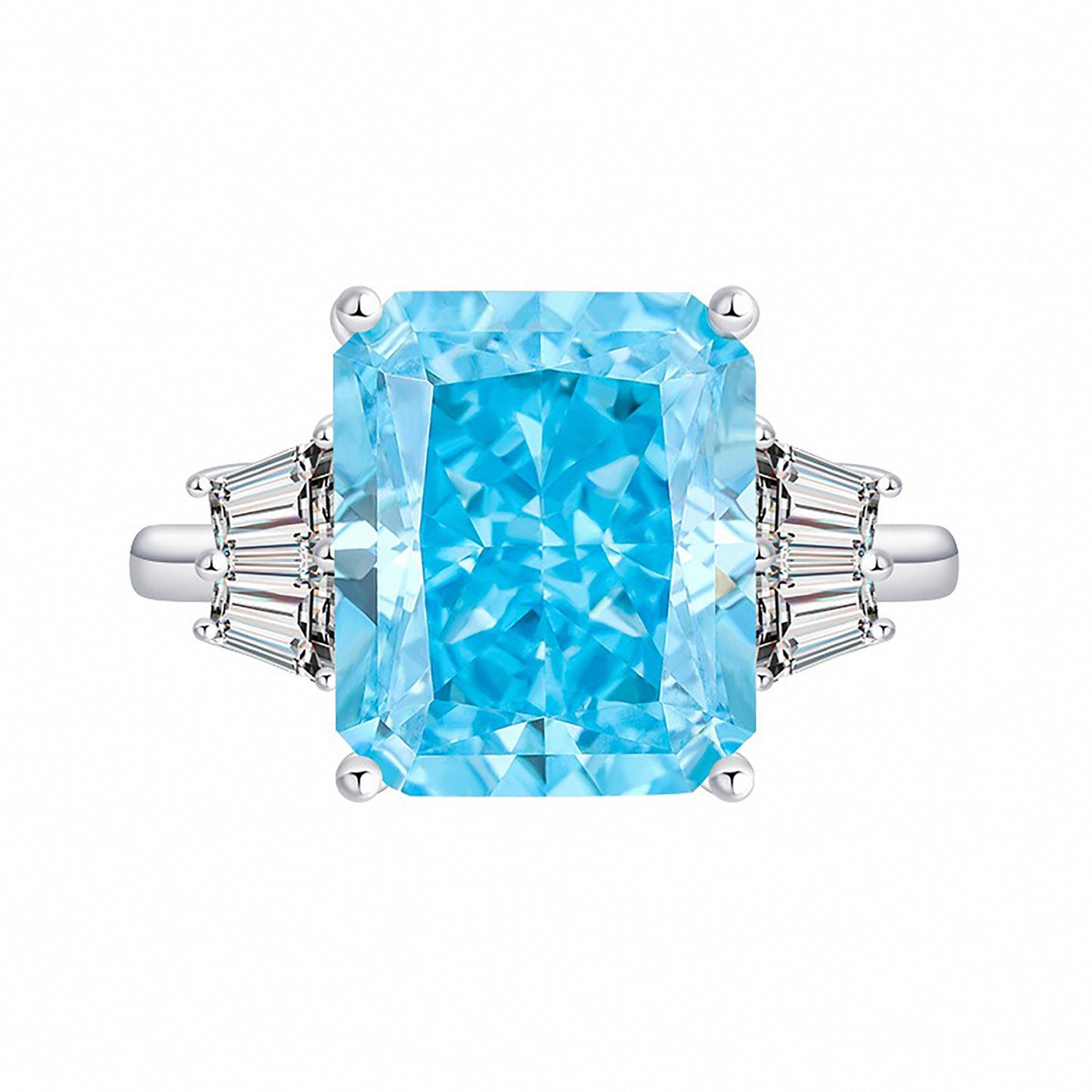 Aquamarine Princess Cut Ring, Trapezoidal Simulated Diamond Gift For Her In 925 Sterling Silver