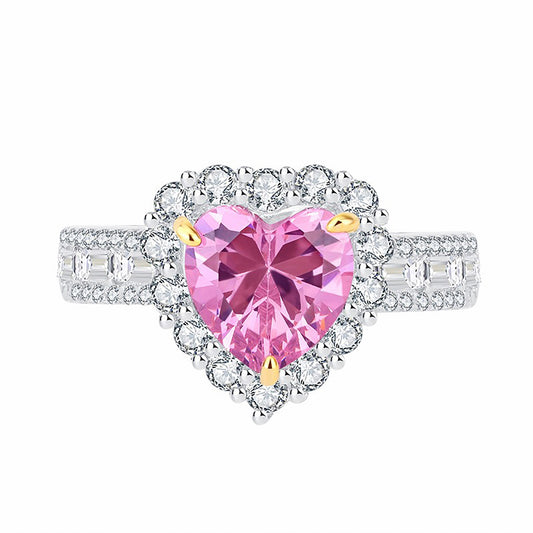 Pink Simulated Diamond/Emerald Halo Heart Cut Ring, Retro Women's Simulated Diamond Ring In 925 Sterling Silver