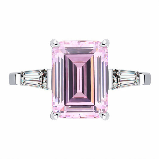 Aquamarine/Pink Simulated Diamond Emerald Cut Ring,Tapered Band Ring Gift For Her In 925 Sterling Silver