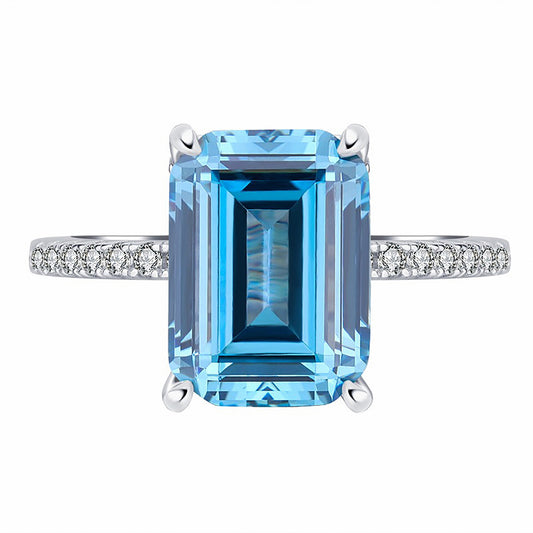 Aquamarine Emerald Cut Ring, Half Eternity, Anniversary Birthday Gift For Her In 925 Sterling Silver