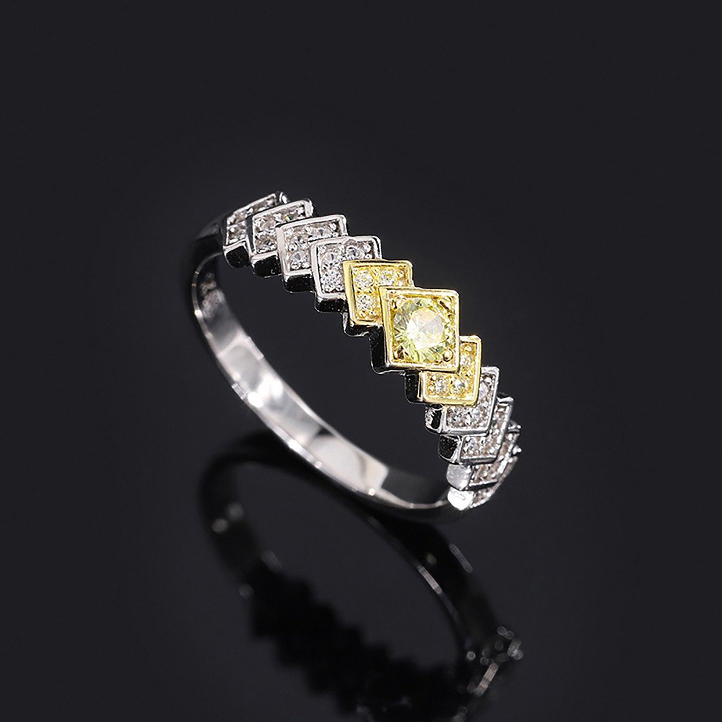 Yellow Simulated Diamond Round Cut Ring, Anniversary Ring, Rhombic Ring In 925 Sterling Silver