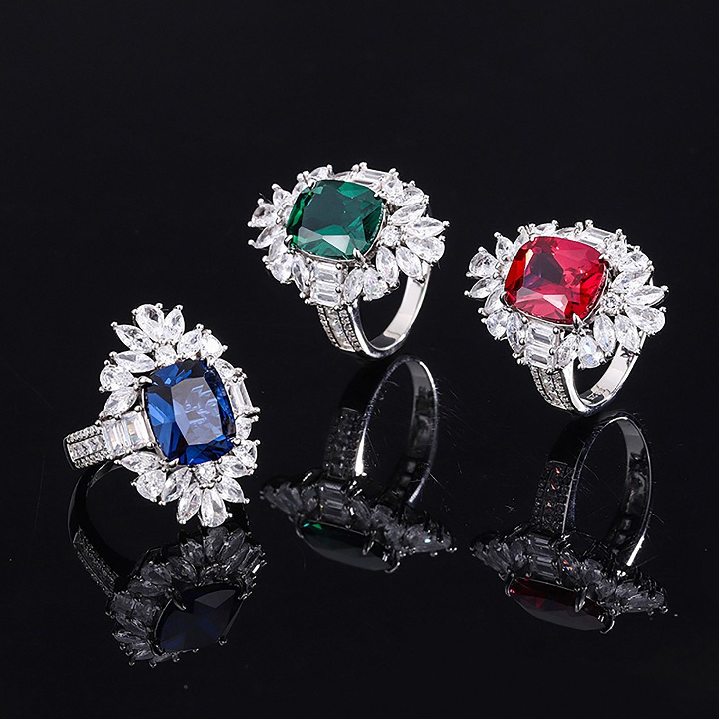 Emerald/Sapphire/Ruby Baguette Cut Ring,Cluster Simulated Diamond Gift for Her In 925 Sterling Silver