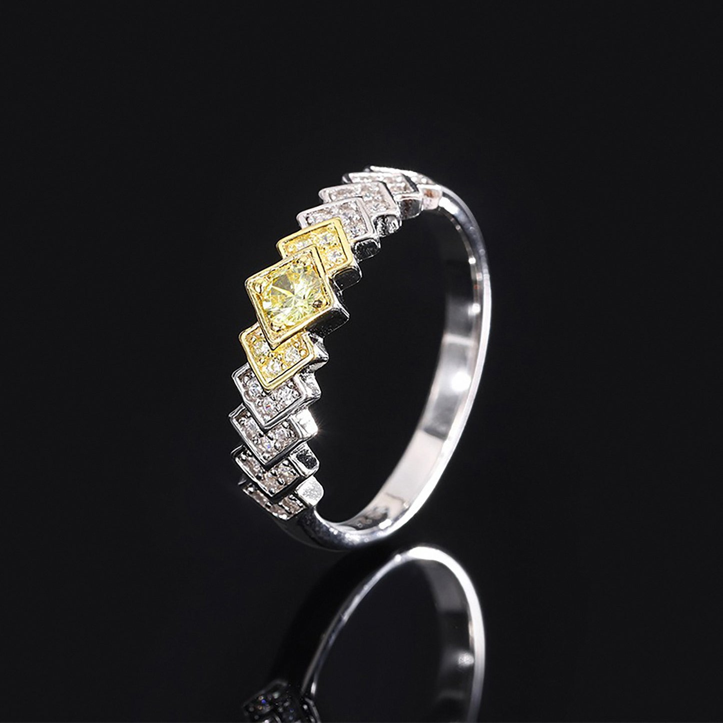 Yellow Simulated Diamond Round Cut Ring, Anniversary Ring, Rhombic Ring In 925 Sterling Silver