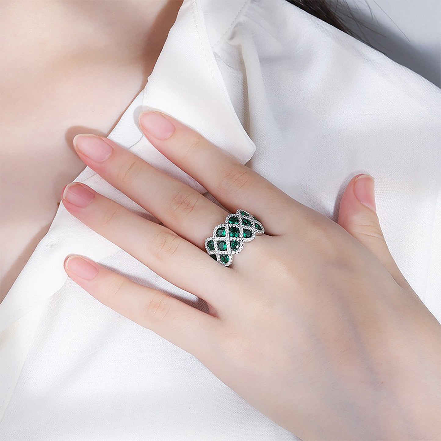 Emerald/Ruby Round Cut Ring, Grid-like, Retro Fine Jewelry Simulated Diamond Ring In 925 Sterling Silver