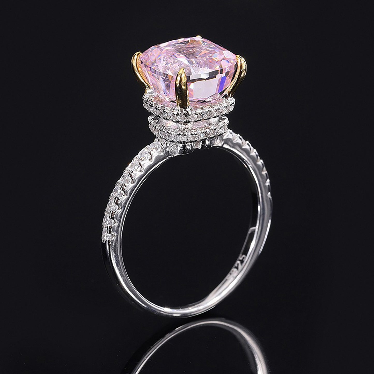 Yellow/Pink Simulated Diamond Princess Cut Ring, Half Eternity Simulated Diamonds Ring In 925 Sterling Silver