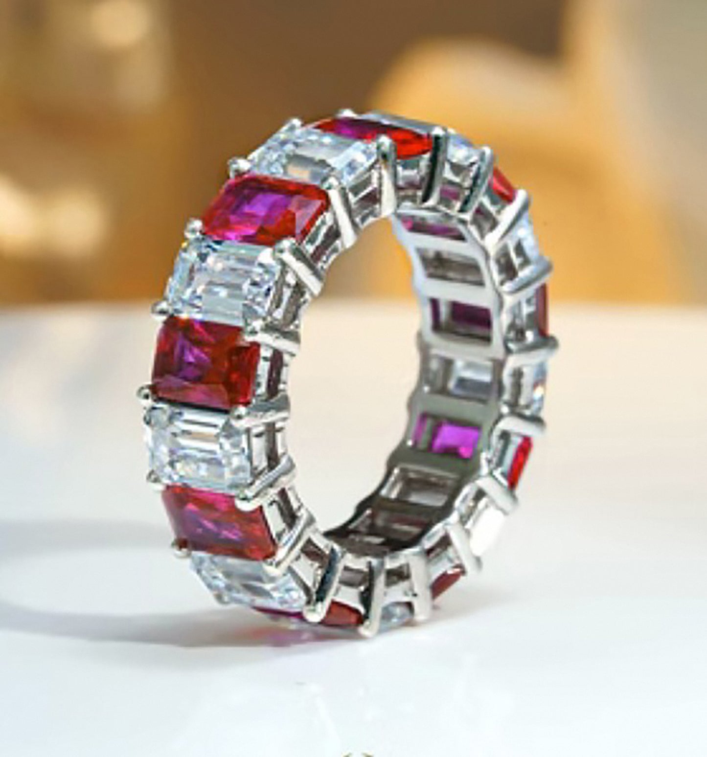 Ruby Baguette Cut Ring, Alternating, Row of Ring, Anniversary Birthday Gift For Her In 925 Sterling Silver