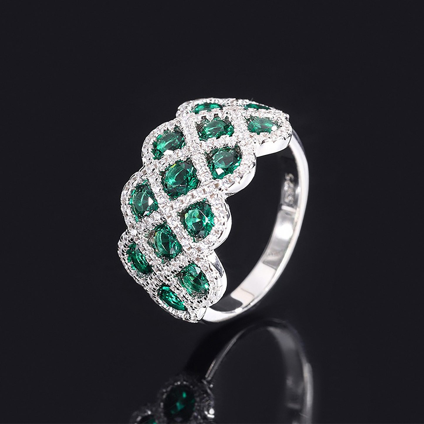 Emerald/Ruby Round Cut Ring, Grid-like, Retro Fine Jewelry Simulated Diamond Ring In 925 Sterling Silver