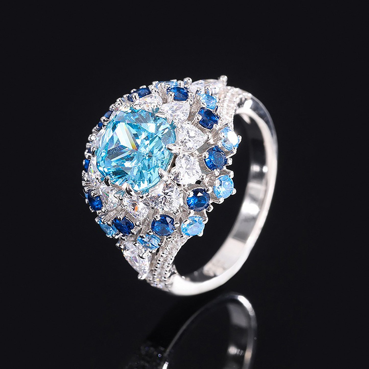 Luxury Aquamarine Cushion Cut Ring, Sapphire Ring, Retro Fine Jewelry Simulated Diamond Ring In 925 Sterling Silver