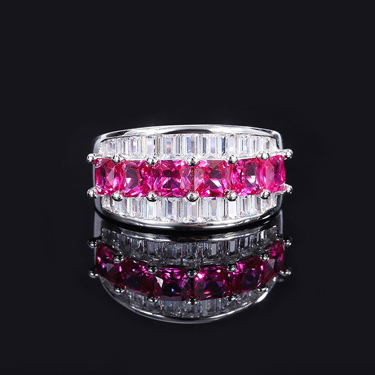 Ruby Baguette Cut Ring, Pave Setting, Bezel Settiong, Anniversary Ring In 925 Sterling Silver