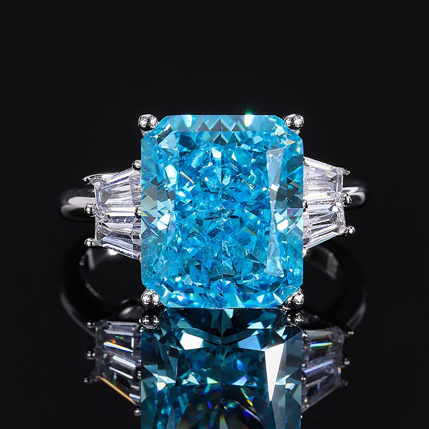 Aquamarine Princess Cut Ring, Trapezoidal Simulated Diamond Gift For Her In 925 Sterling Silver