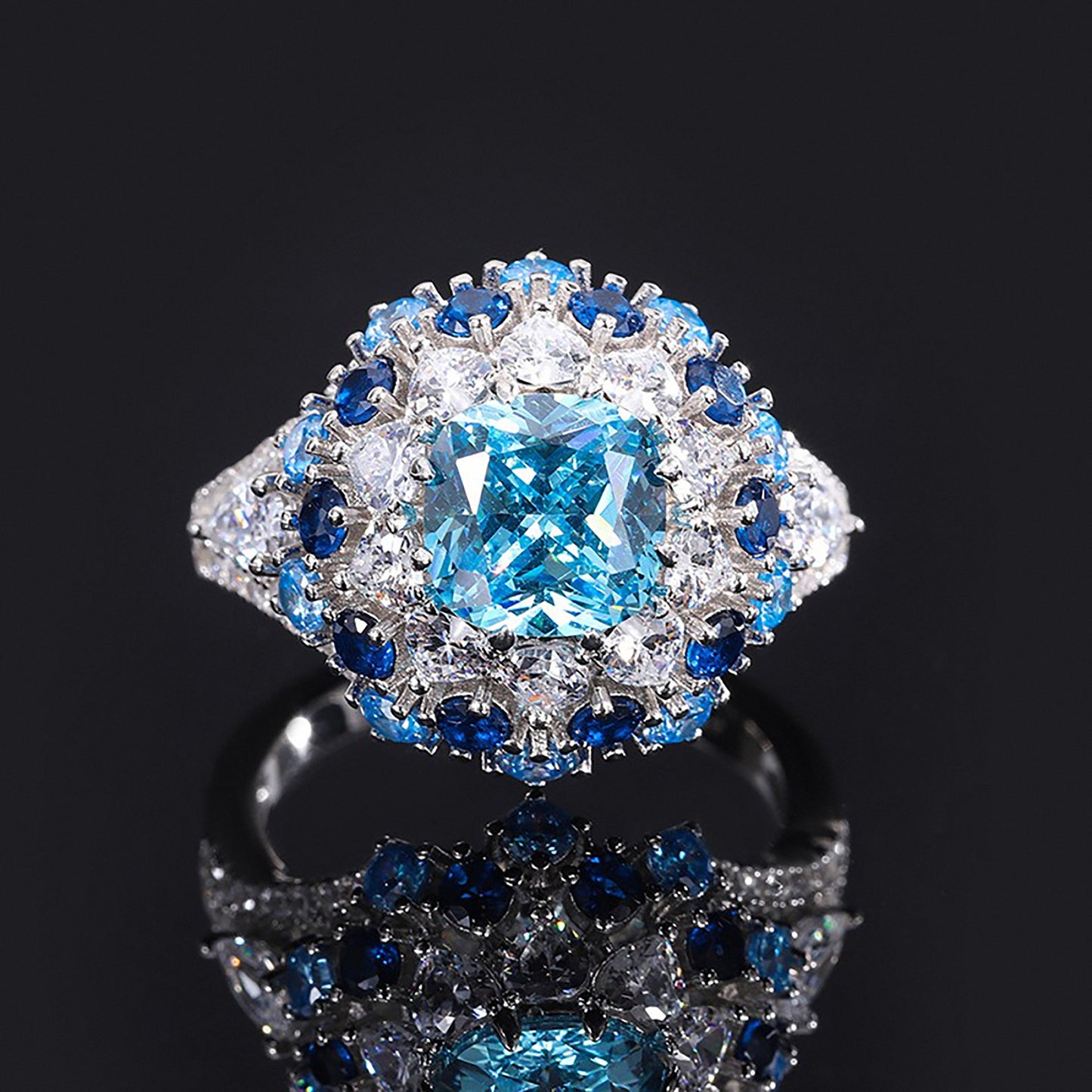 Luxury Aquamarine Cushion Cut Ring, Sapphire Ring, Retro Fine Jewelry Simulated Diamond Ring In 925 Sterling Silver