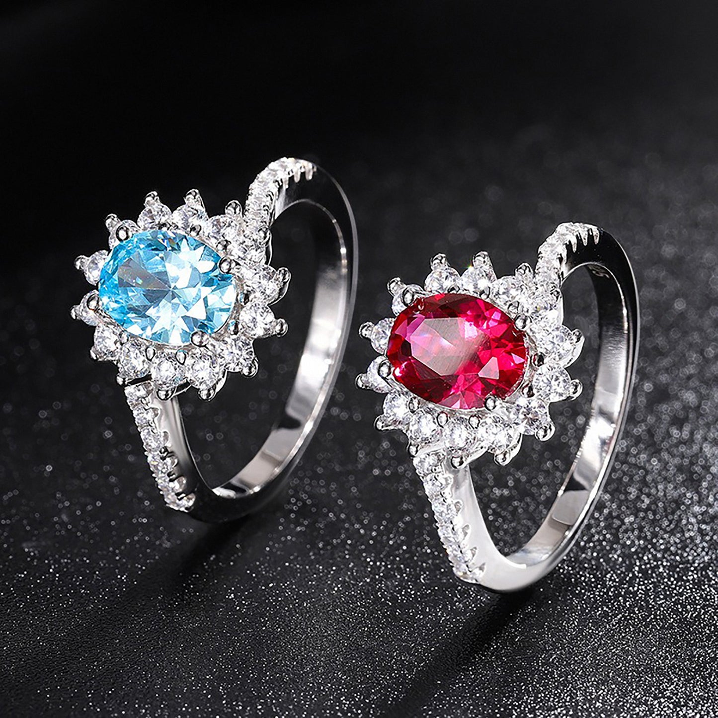 Ruby/Aquamarine Sunbrust Halo Oval Cut Ring,  Bypass Band Ring Simulated Diamond RIng Anniversary Ring In 925 Sterling Silver