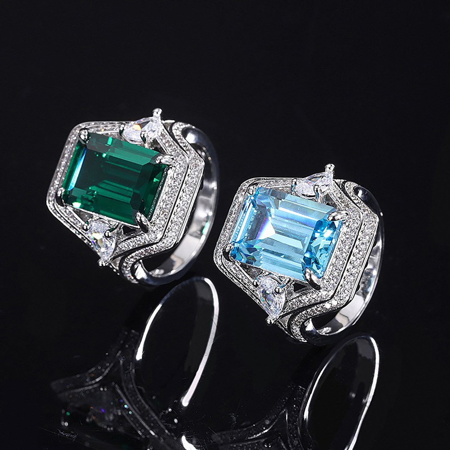 Emerald/Aquamarine Emerald Cut Ring, Split Band Ring, Gift for Her In 925 Sterling Silver