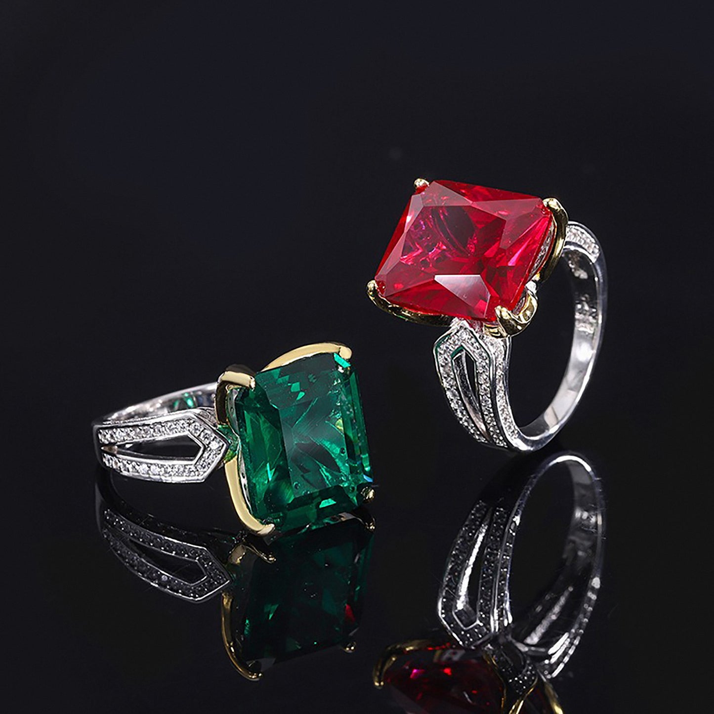 Emerald/Ruby Baguette Cut Ring, Split Band Ring, Simulated Diamonds Ring In 925 Sterling Silver