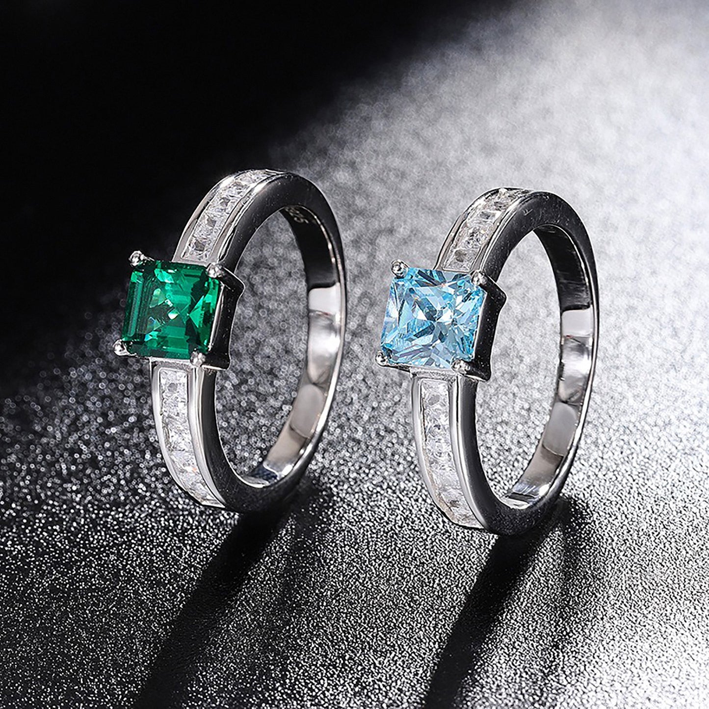 Emerald/Aquamarine Princess Cut Ring,  Bezel Setting Simulated Diamond Ring Anniversary Ring In 925 Sterling Silver