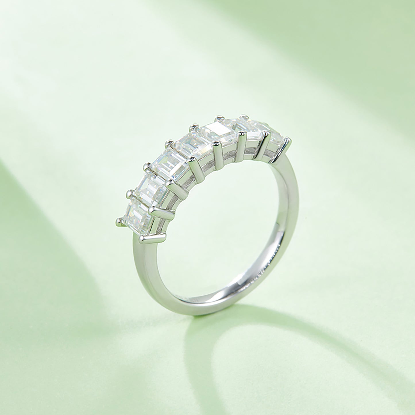 Baguette-shape Half Full Eternity Wedding Ring, Seven Stones Ring, Row of Ring In 925 Sterling Silver