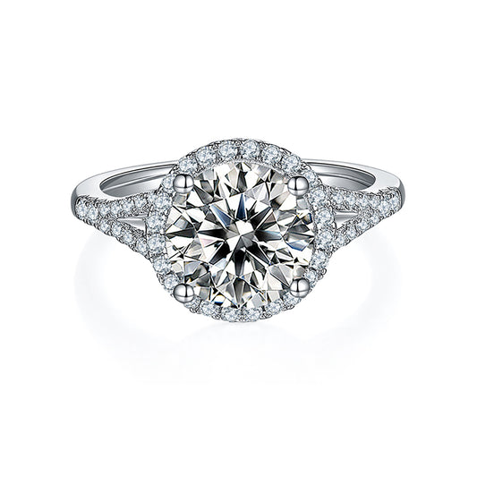 3.00 Carat Round Cut Moissanite Halo Engagement Ring, Spilt Simulated Diamond Band In 925 Sterling Silver