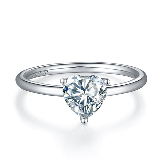 1 Carat Heart Cut Moissanite Solitaire Ring, Art Deco Ring, Plain Band Ring In 925 Sterling Silver