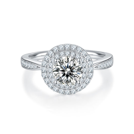 1 Carat Round Double Halo Engagement Ring, Simulated Diamonds Ring Band In 925 Sterling Silver
