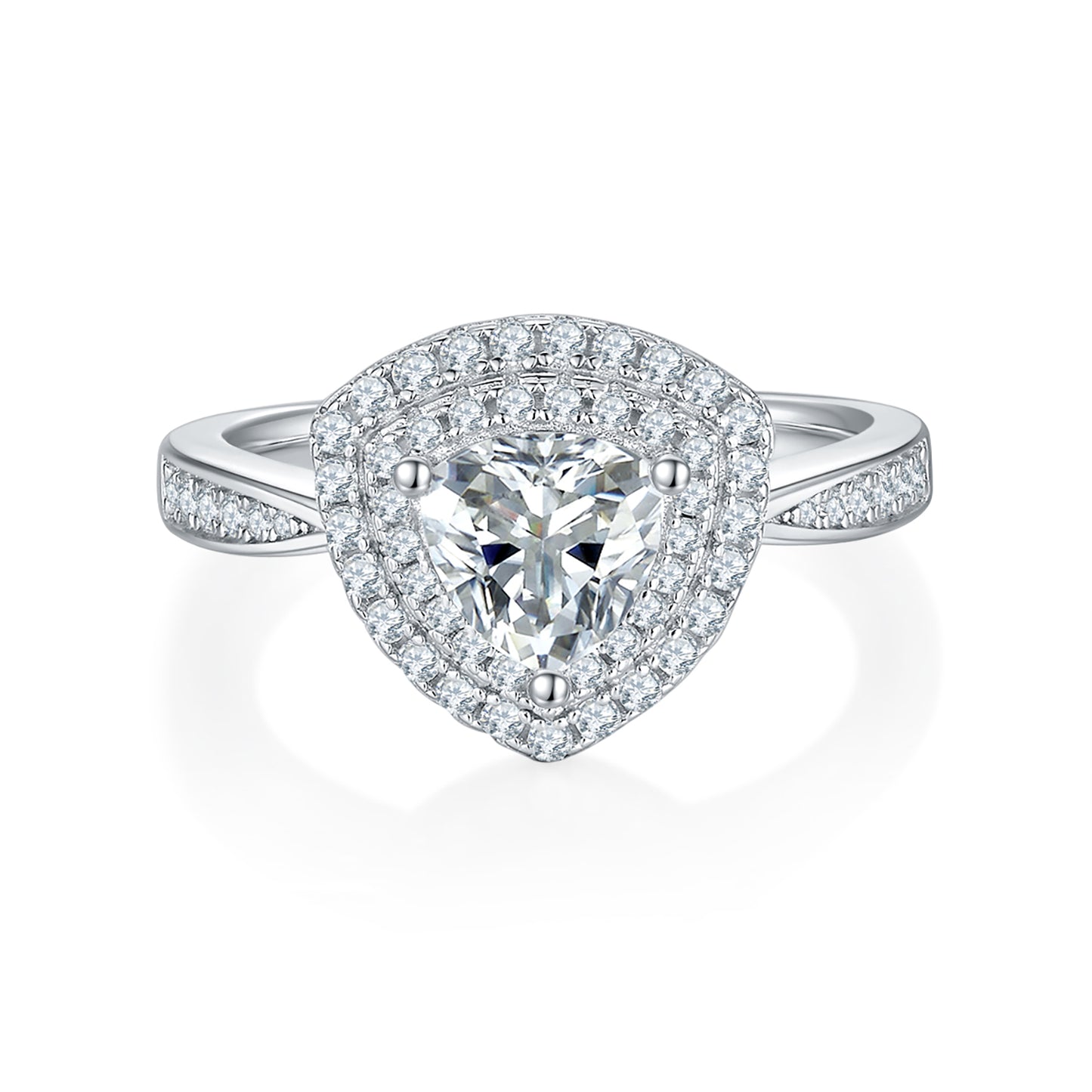 1 Carat Triangle Double Halo Engagement Ring, Simulated Diamonds Ring Band, Genuine Moissanite In 925 Sterling Silver