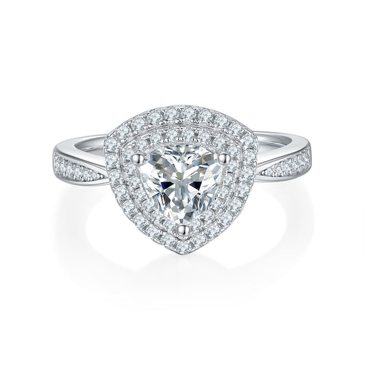 1 Carat Triangle Double Halo Engagement Ring, Simulated Diamonds Ring Band, Genuine Moissanite In 925 Sterling Silver