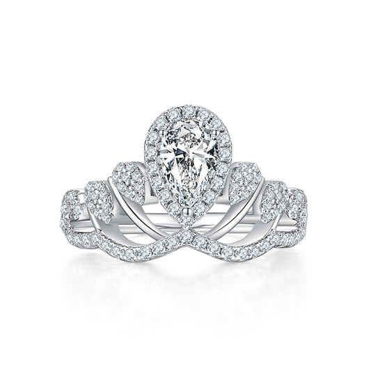1ct Pear Cut Halo Moissanite Engagement Ring, Crown-shaped Matching Band,Vintage Style In 925 Silver Ring