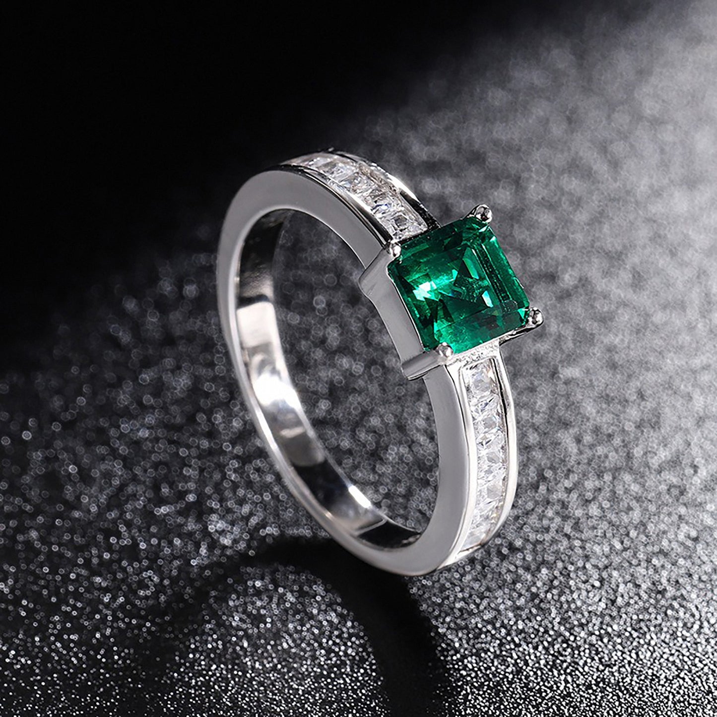 Emerald/Aquamarine Princess Cut Ring,  Bezel Setting Simulated Diamond Ring Anniversary Ring In 925 Sterling Silver