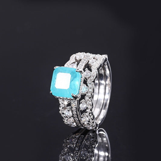 Fashion Blue Paraiba Tourmaline/Emerald Princess Cut Ring,Three Precepts in One Simulated Diamonds Ring In 925 Sterling Silver