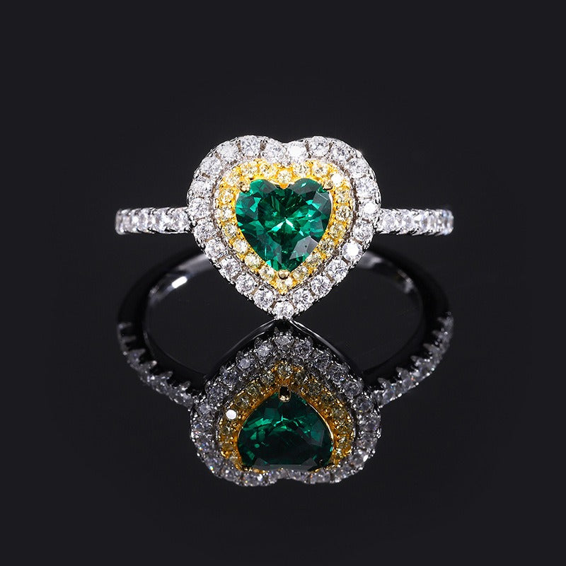 Luxury Emerald Double Halo Heart Cut Ring, Halo Vintage Engagement Ring, Anniversary Birthday Gift For Her In 925 Sterling Silver