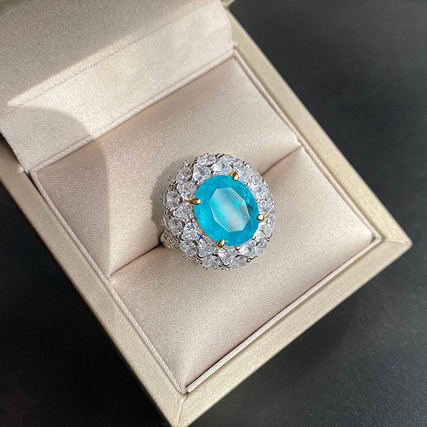 Emerald/Blue Paraiba Tourmaline Oval Cut Ring, Heart and Round Cut Simulated Diamonds In 925 Sterling Silver