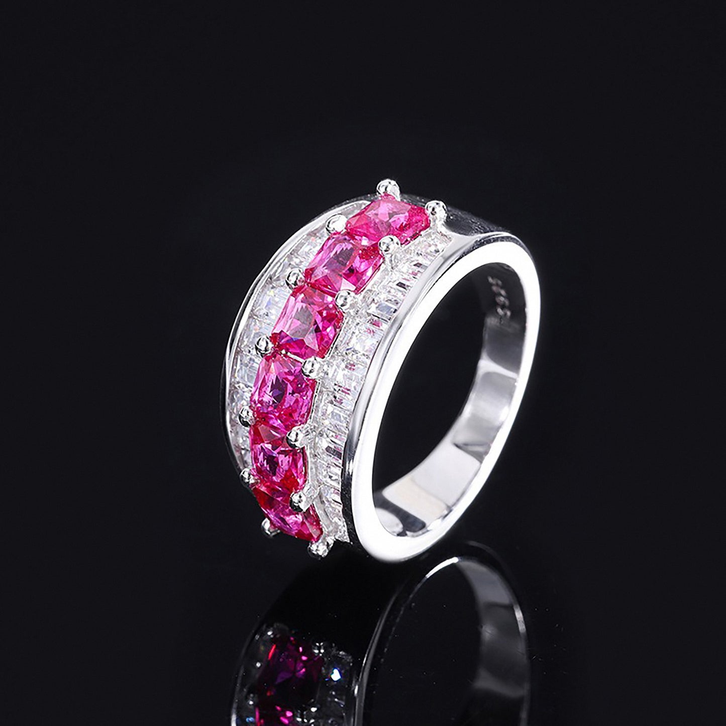 Ruby Baguette Cut Ring, Pave Setting, Bezel Settiong, Anniversary Ring In 925 Sterling Silver