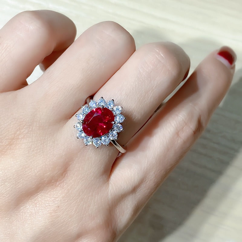 Beautiful Oval Cut Sunburst Halo Blue Paraiba Tourmaline/Ruby Engagement Ring For Her