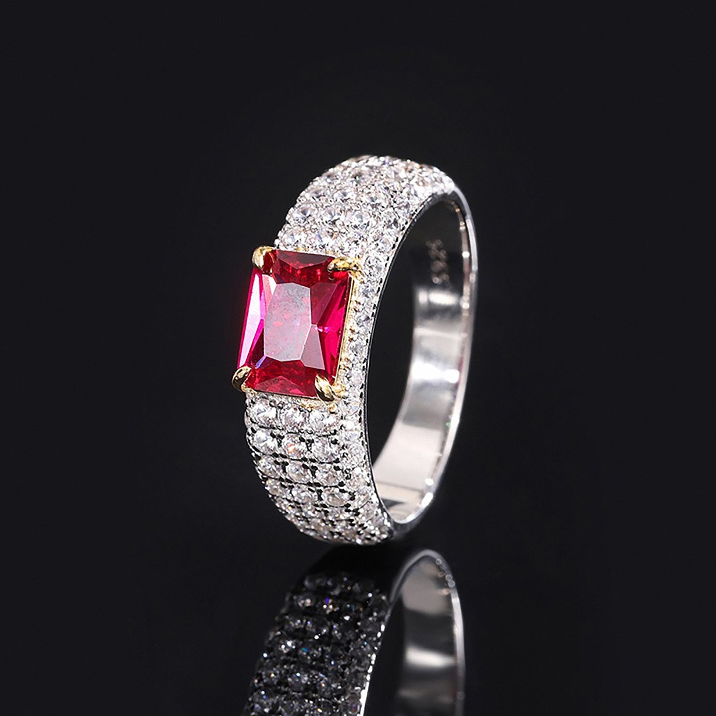 Ruby Baguette Cut Ring, Pave Setting, Retro Women's Ring In 925 Sterling Silver