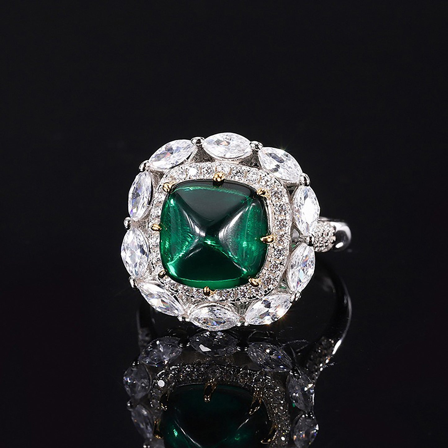 Emerald/Sapphire Sugar Loaf Cut Ring, Round Cut Simulated Diamond Ring Gift for Her In 925 Sterling Silver