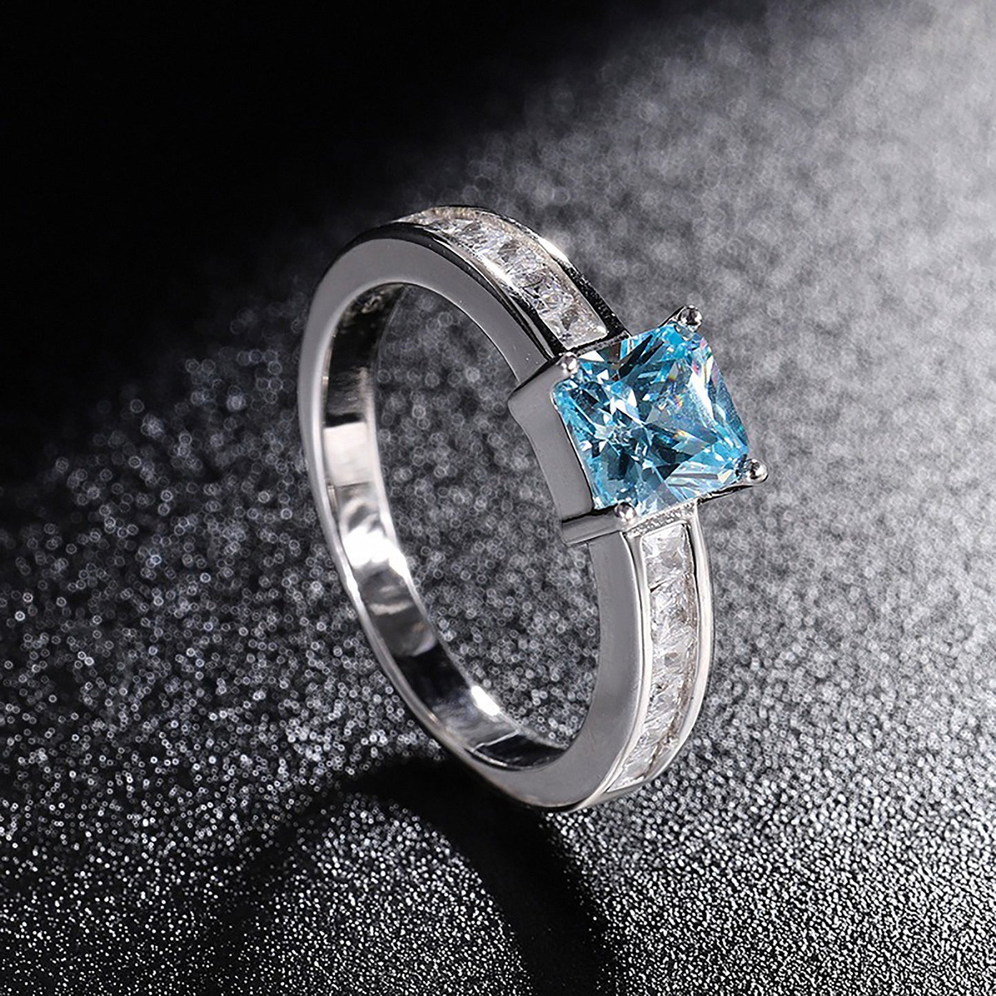 Emerald/Aquamarine Princess Cut Ring,  Bezel Setting Simulated Diamond Ring Anniversary Ring In 925 Sterling Silver