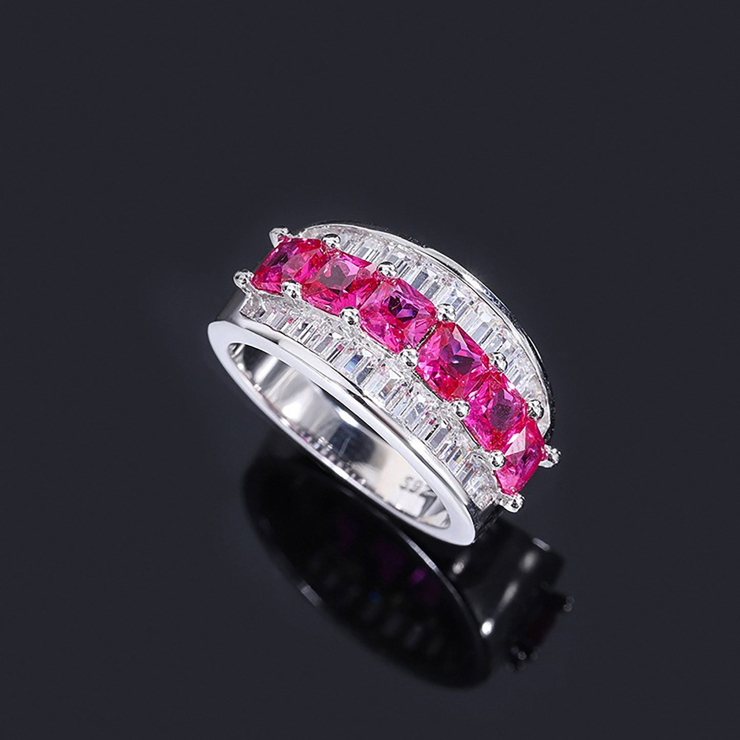 Ruby Baguette Cut Ring, Pave Setting, Bezel Settiong, Anniversary Ring In 925 Sterling Silver