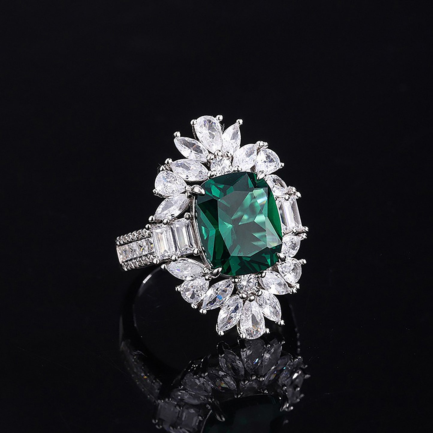 Emerald/Sapphire/Ruby Baguette Cut Ring,Cluster Simulated Diamond Gift for Her In 925 Sterling Silver