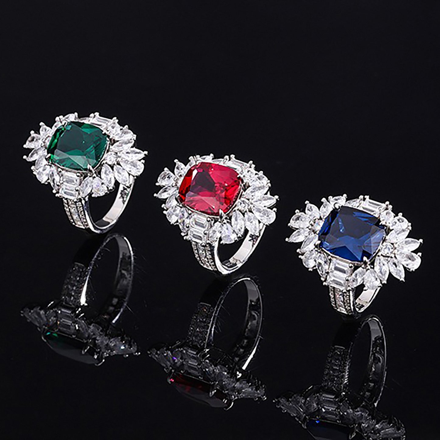 Emerald/Sapphire/Ruby Baguette Cut Ring,Cluster Simulated Diamond Gift for Her In 925 Sterling Silver