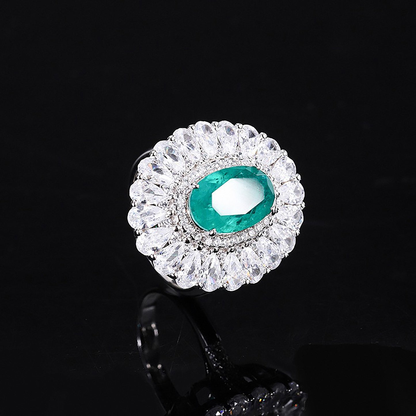 Fashion Double Halo Blue Paraiba Tourmaline/Ruby/Emerald Oval Cut Ring,Half Eternity Simulated Diamonds Ring In 925 Sterling Silver