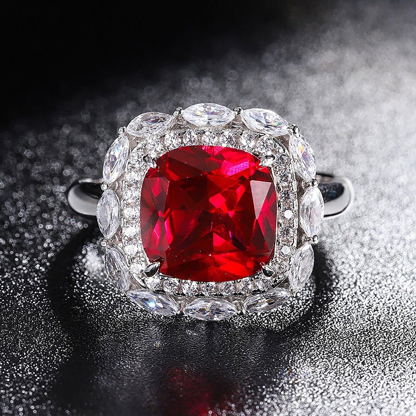 Ruby/Emerald Halo Princess Cut Ring, Simulated Diamond Ring Gift For Her In 925 Sterling Silver