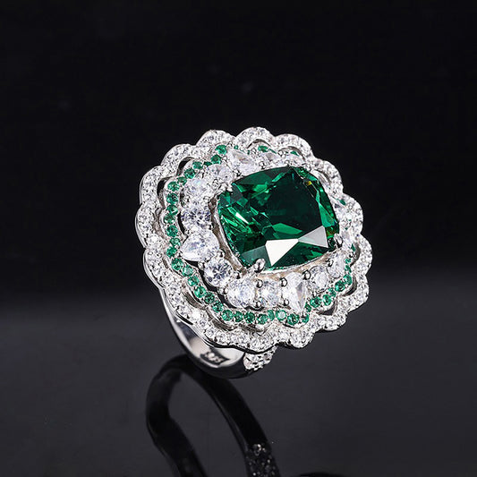 Emerald Baguette Cut Ring, Flower-shaped Simulated Diamonds In 925 Sterling Silver