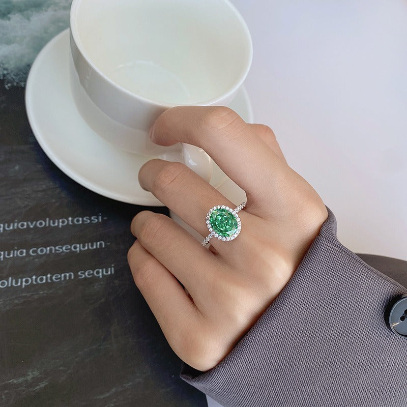 Luxury Emerald/Aquamarine Halo Oval Cut Ring, Retro Women's Ring, Anniversary Birthday Gift For Her In 925 Sterling Silver