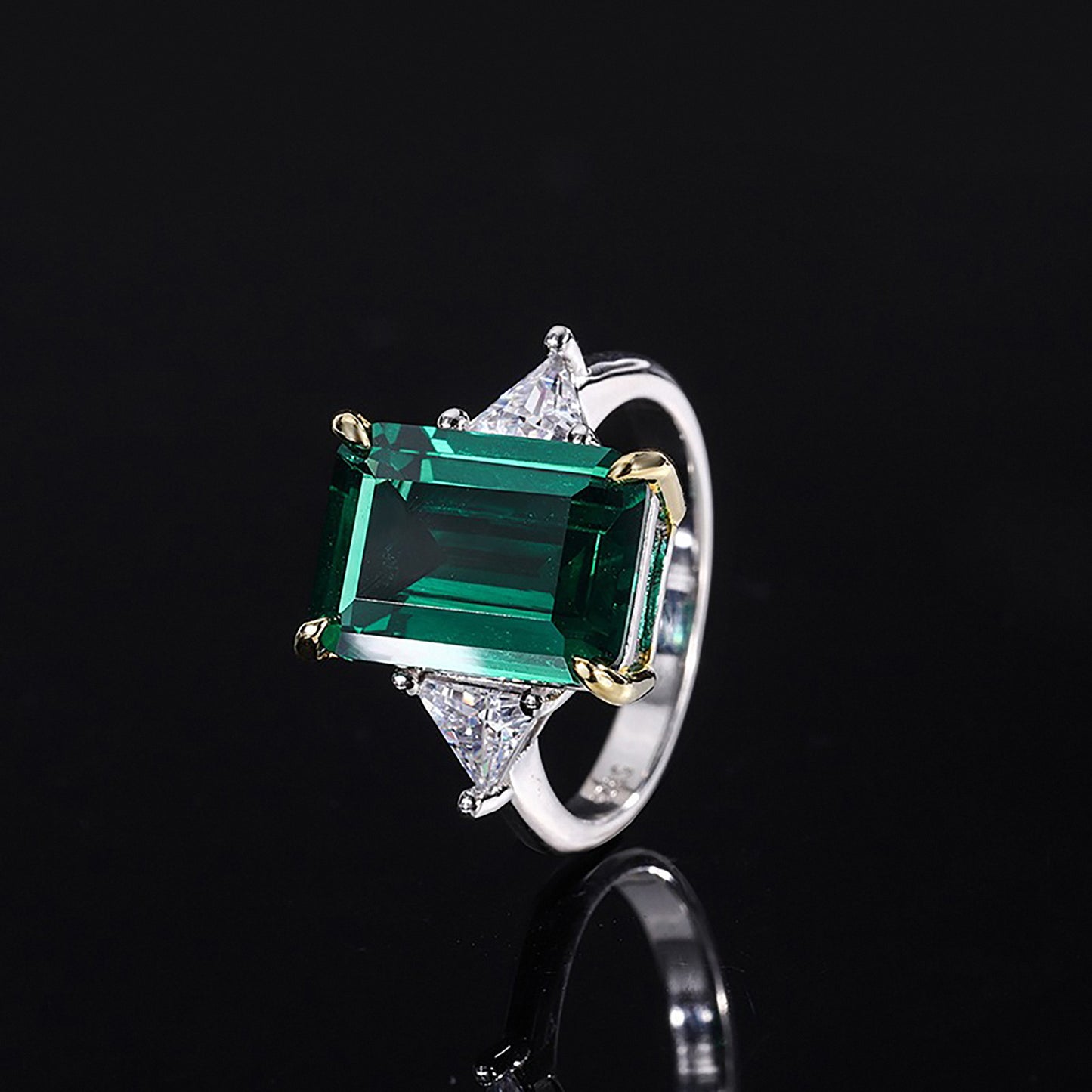 Emerald/Aquamarine Emerald Cut Ring, Triangle Cut Simulated Diamond Ring Gift for Her In 925 Sterling Silver