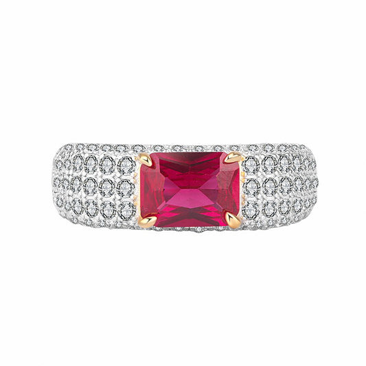 Ruby Baguette Cut Ring, Pave Setting, Retro Women's Ring In 925 Sterling Silver